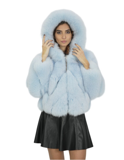 Giacca pelliccia di volpe trasversale 42 manica lunga e cappuccio celeste chiaro chiusura zip