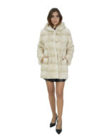 Beigefarbener 44 Nerzpelzmantel mit Kapuze, langen Ärmeln, seitlichen Außentaschen – Bild 5