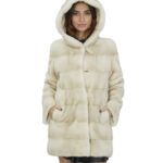 Cappotto in pelliccia di visone beige 44 con cappuccio maniche lunghe tasche laterali esterne