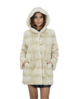Cappotto in pelliccia di visone beige 44 con cappuccio maniche lunghe tasche laterali esterne