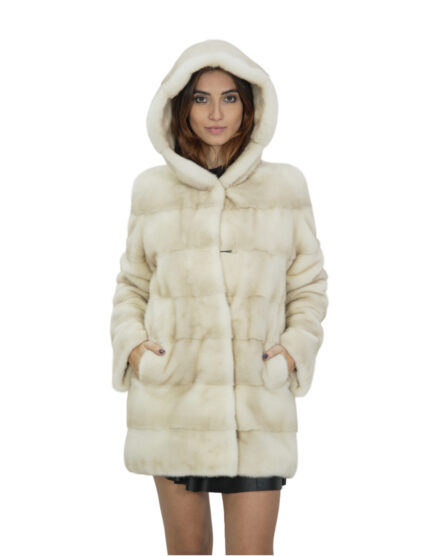 Cappotto in pelliccia di visone beige 44 con cappuccio maniche lunghe tasche laterali esterne