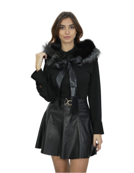 Colletto in pelliccia di volpe nero e grigio con lacci decorativi in raso