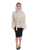 Giacca visone orizzontale beige sfumato cappuccio pelliccia manica tre quarti con ganci 44