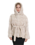 Giacca visone orizzontale beige sfumato cappuccio pelliccia manica tre quarti con ganci 44