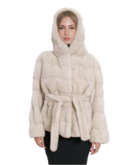Giacca visone orizzontale beige sfumato cappuccio pelliccia manica tre quarti con ganci 44