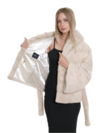 Giacca visone orizzontale beige sfumato cappuccio pelliccia manica tre quarti con ganci 44