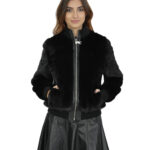 Giacca bomber con collo elastico 42 nero pelliccia visone manica lunga con elastico chiusura zip