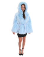 Женская светло-голубая куртка из лисы с поперечным меховым капюшоном 44 цвета с поясом с длинными рукавами — изображение 5