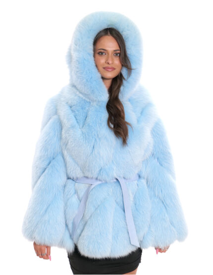 Giacca in volpe trasversale 44 celeste cappuccio pelliccia donna con cintura a maniche lunghe
