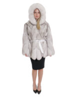 Women's 44 White Gradient Fur Hood Transverse Fox Jacket with Long Sleeve Belt - Image 5