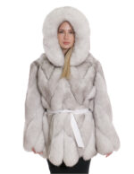 Giacca in volpe trasversale 44 bianco sfumato cappuccio pelliccia donna con cintura a maniche lunghe