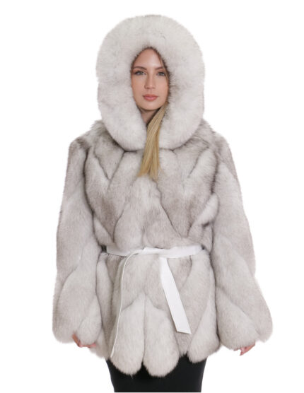 Giacca in volpe trasversale 44 bianco sfumato cappuccio pelliccia donna con cintura a maniche lunghe