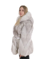 Women's 44 White Gradient Fur Hood Transverse Fox Jacket with Long Sleeve Belt - Image 3