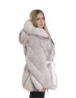 Women's 44 White Gradient Fur Hood Transverse Fox Jacket with Long Sleeve Belt - Image 4