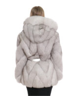 Women's 44 White Gradient Fur Hood Transverse Fox Jacket with Long Sleeve Belt - Image 6