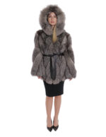 Женская 42 серебристая серебристая куртка из лисы с поперечным меховым капюшоном и поясом с длинным рукавом — изображение 5