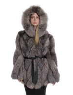 Giacca in volpe trasversale 42 argentata cappuccio pelliccia donna con cintura a maniche lunghe