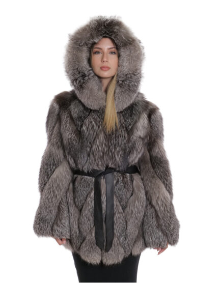 Giacca in volpe trasversale 42 argentata cappuccio pelliccia donna con cintura a maniche lunghe