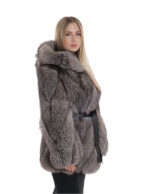 Женская 42 серебристая серебристая куртка из лисы с поперечным меховым капюшоном и поясом с длинным рукавом — изображение 4