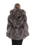 Женская 42 серебристая серебристая куртка из лисы с поперечным меховым капюшоном и поясом с длинным рукавом — изображение 6