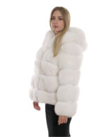 64 cm lange Jacke 42 Fuchsfelloptik weiß horizontale Verarbeitung mit langen Ärmeln und Kapuze – Bild 3