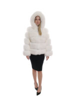 64 cm lange Jacke 44 Fuchsfelloptik weiß horizontale Verarbeitung mit langen Ärmeln und Kapuze – Bild 5