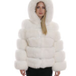 Giacca lunga 64 cm 44 pelliccia volpe bianco ottico lavorazione orizzontale con maniche lunghe e cappuccio