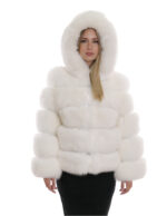 Giacca lunga 64 cm 44 pelliccia volpe bianco ottico lavorazione orizzontale con maniche lunghe e cappuccio