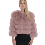 Giacca corta manica tre quarti rosa 42 pelliccia volpe con trasporto pelle senza collo