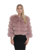 Giacca corta manica tre quarti rosa 42 pelliccia volpe con trasporto pelle senza collo
