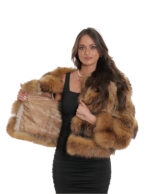 Giacca corta manica tre quarti oro sfumato nocciola 38 pelliccia volpe con trasporto pelle