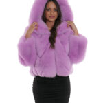 Giacca pelliccia di volpe trasversale 42 manica lunga e cappuccio fucsia chiusura zip