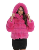 Giacca pelliccia di volpe orizzontale 44 manica 3/4 e cappuccio fucsia chiusura ganci