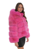 Horizontale Fuchspelzjacke 44 3/4 Ärmel und fuchsiafarbene Kapuze mit Hakenverschluss – Bild 4