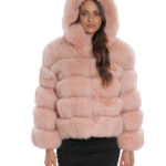 Giacca pelliccia di volpe orizzontale 44 manica 3/4 e cappuccio rosa chiusura ganci