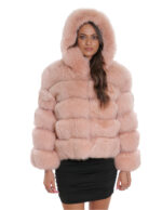 Giacca pelliccia di volpe orizzontale 44 manica 3/4 e cappuccio rosa chiusura ganci