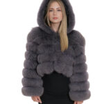 Giacca volpe pelliccia corta cappuccio 42 manica lunga chiusura ganci voluminosa