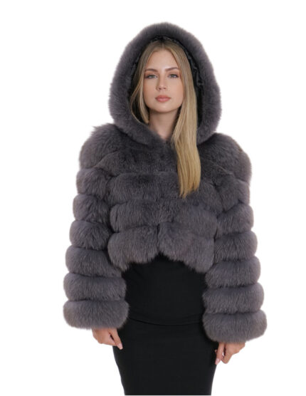 Giacca volpe pelliccia corta cappuccio 42 manica lunga chiusura ganci voluminosa