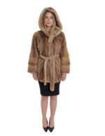 Cappotto visone con cintura pelle intera e orizzontale maniche nocciola 40 con cappuccio