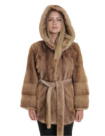 Cappotto visone con cintura pelle intera e orizzontale maniche nocciola 40 con cappuccio