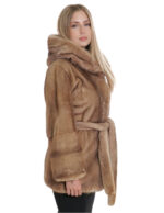 Cappotto visone con cintura pelle intera e orizzontale maniche nocciola 40 con cappuccio