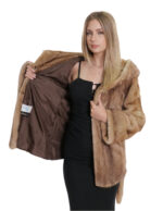 Cappotto visone con cintura pelle intera e orizzontale maniche nocciola 40 con cappuccio