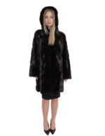 Cappotto 84cm colore cioccolato 54 pelliccia visone orizzontale con cappuccio