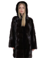 Cappotto 84cm colore cioccolato 54 pelliccia visone orizzontale con cappuccio