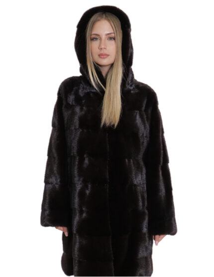 Cappotto 84cm colore cioccolato 54 pelliccia visone orizzontale con cappuccio