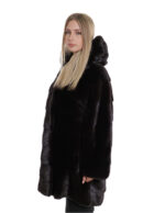 Cappotto 84cm colore cioccolato 54 pelliccia visone orizzontale con cappuccio