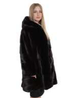 Cappotto 84cm colore cioccolato 54 pelliccia visone orizzontale con cappuccio