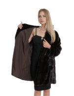 Cappotto 84cm colore cioccolato 54 pelliccia visone orizzontale con cappuccio