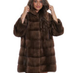 Cappotto 80 cm demi visone orizzontale 54 cappuccio coulisse vita pelliccia