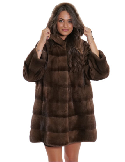 Cappotto 80 cm demi visone orizzontale 54 cappuccio coulisse vita pelliccia